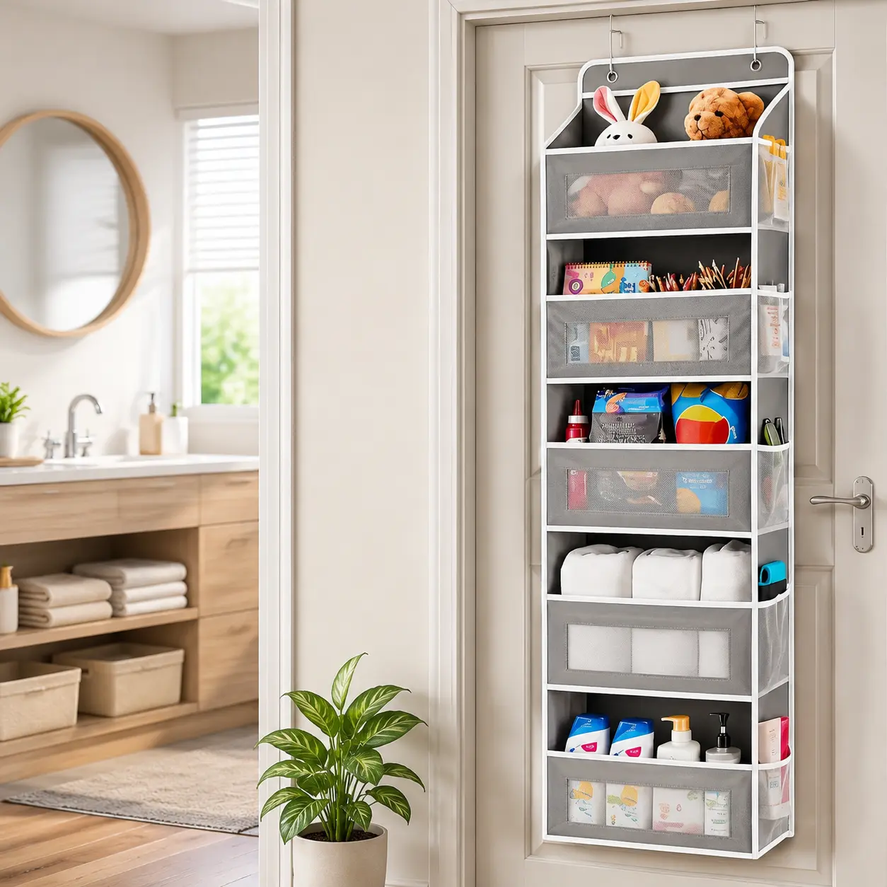 Littleox 5-Tier Over-the-Door Organizer for Bathroom and Kitchen — 44lb Heavy-Duty Hanging Storage with Anti-Tip Design, Drill-Free Plastic Bins for Bedroom, Bathroom, and Kitchen Organization