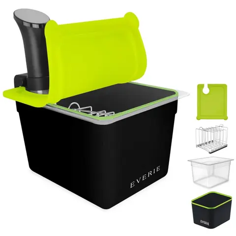 EVERIE 12QT Stainless Steel-Polycarbonate Sous Vide Container Kit - Universal Silicone Lid, Built-in Submersion Rack, Thermal Insulated Sleeve, Anova/Joule Ready, Fits 71mm or Less Diameter Breville/Instant Pot Sous Vide Equipment, Kitchen Essential