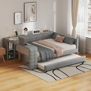 Upholstered Full Size Daybed with Twin Trundle and Desk, Day Bed with Storage Bookshelf and USB Charging Station, No Box Spring Needed, Gray
