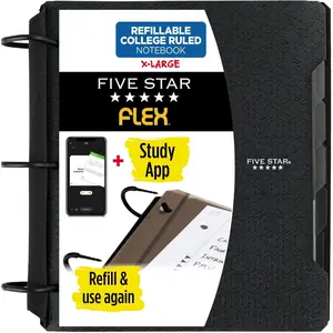 Five Star Flex Refillable Notebook + Study App, College Ruled Paper, 11/2 Inch TechLock Rings, Pockets, Tabs and Dividers, 300 Sheet Capacity, Black (29324AA2)