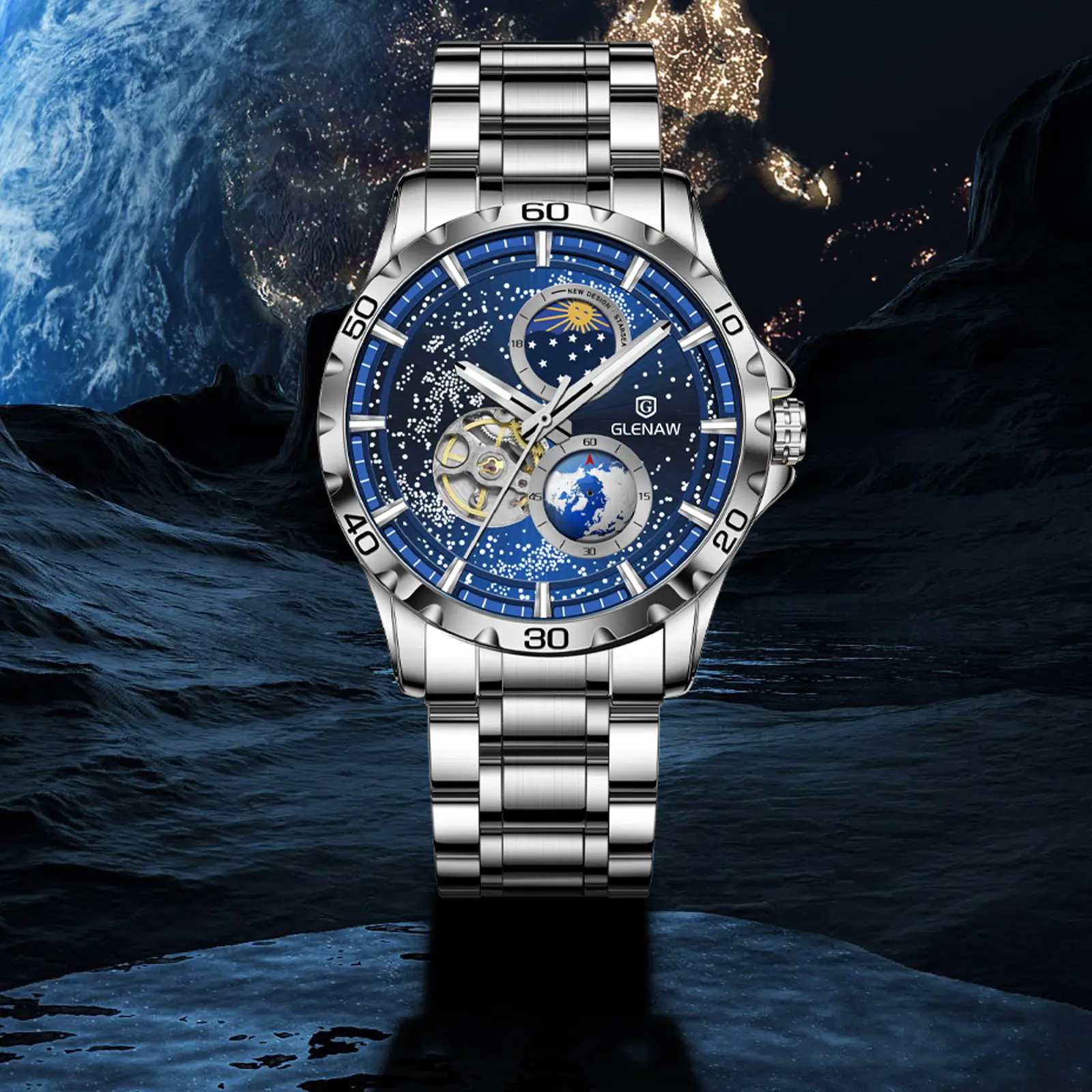 GLENAW Rotating Earth Double Second Hand WristWatch Men Automatic Mechanical Watch Starry Sky Stainless Steel Watchband