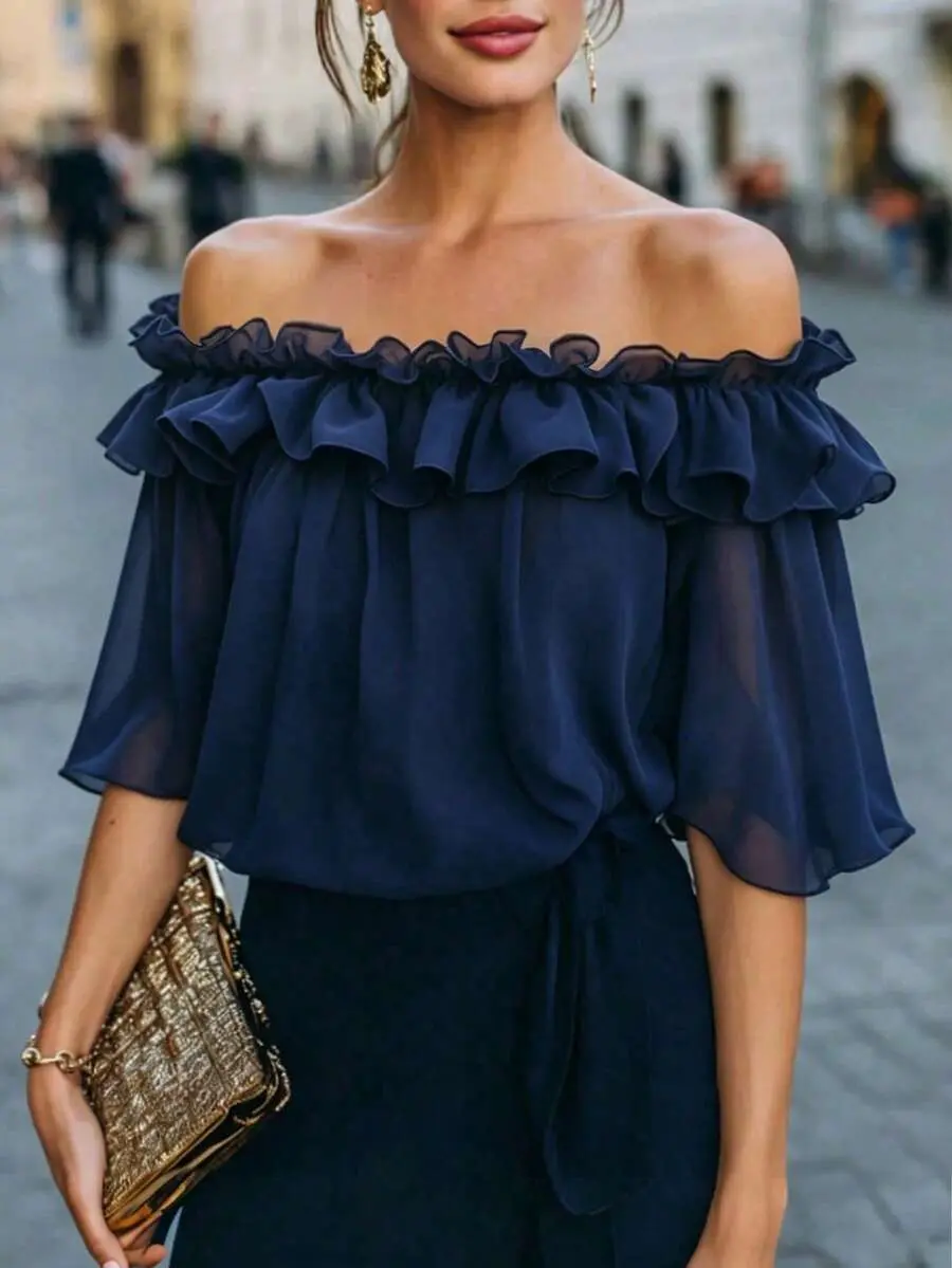 2026 New Off Shoulder Blouse, Navy Blue Top , Double-Layer Ruffle Trim Solid Navy Blue Elegant French Style Romantic Feminine Summer Party Beach Wedding Guest, Friendly Day Fabric