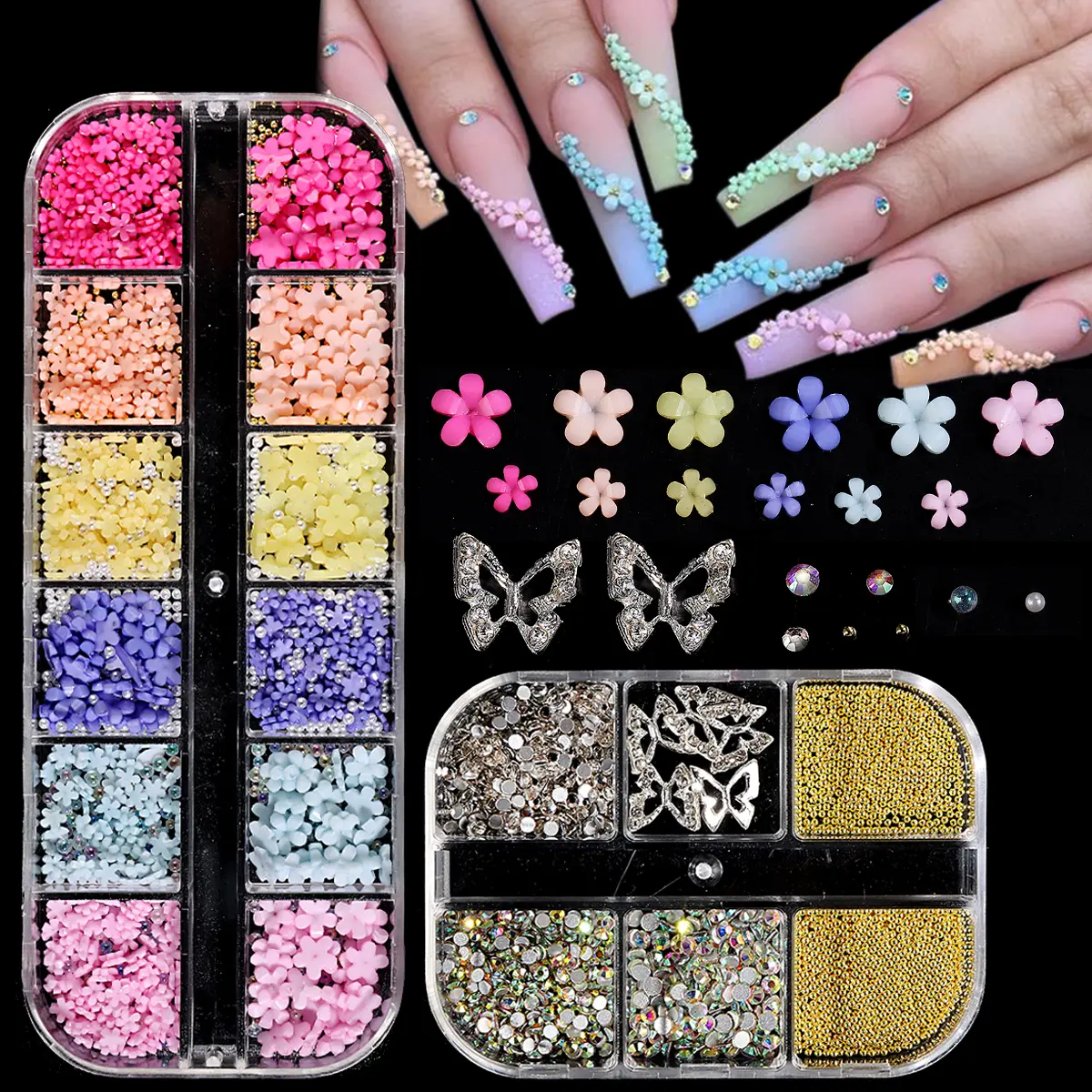 Fcozpjk 3D Flowers Nail Charms 3D Pink Pastel Acrylic Flower For Nails Gold Caviar Beads Nail Decorations Mixed Rhinestones Kit Crystal AB Color Gems Nail Diamonds Rhinestones for Women Craft Jewelry