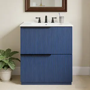 30" Bathroom Vanity with Ceramic Sink and Full-Extension Drawers, Freestanding Bathroom Vanity with Soft Close Drawer Slides, Fluted Design, Blue