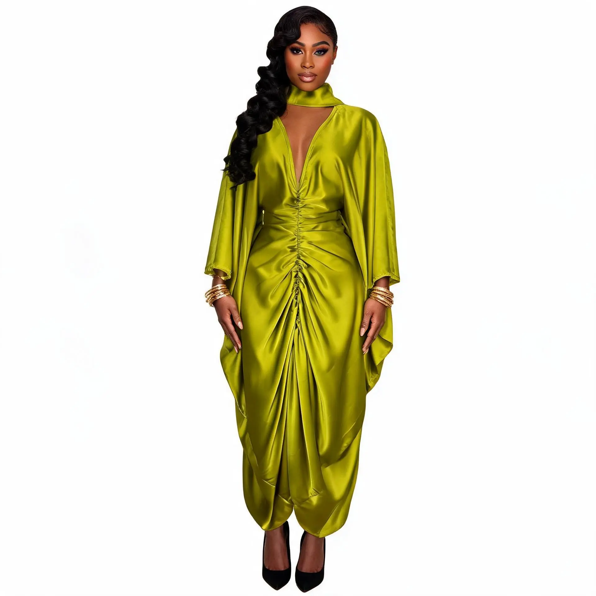 Women’s Silk Kaftan Dress With Scarf – One Size Fits Most – Flowy Modest Maxi Dress with Hidden Adjustable Waist Ties - Bubu Dress For Women