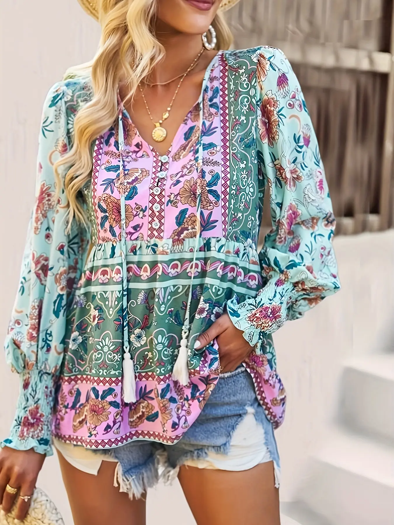 A women's floral V-neck tie-front floral wide-sleeved long-sleeved Loose Fit Woven Boho Flowy Tops Ruffle Womenswear Blouse Top shirt with a bohemian beachy style Piece Casual Fashion Shirt Top