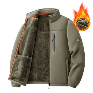 Men's Khaki Fleece-Lined Warm Jacket, Full Zip Softshell Coat with Zipper Pockets, Winter Insulated Outerwear