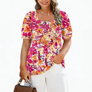 Womens Plus-Size Summer Puff Sleeve Square Neck Pleated Flowy Shirt‌