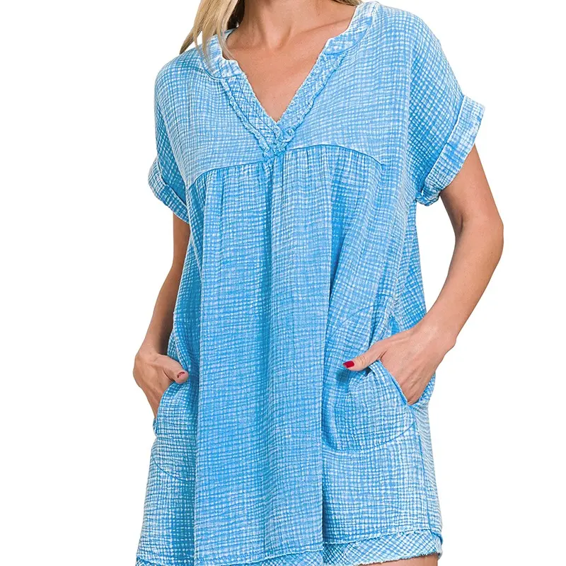 Washed double gauze raw edge v-neck dress