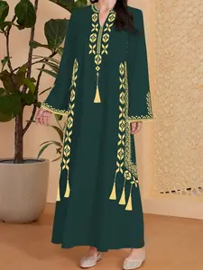 Women's Lady Digital Print Geometric Dress, Middle Eastern Style Woven Fabric Long Sleeve A-Line Dress, Casual Fit Fashion for Spring & Fall Seasons Womenswear
