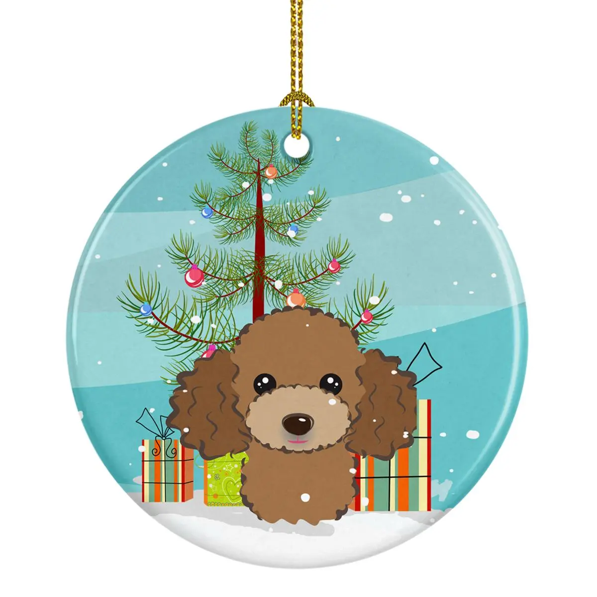 Christmas Tree & Chocolate Brown Poodle Ceramic Ornament
