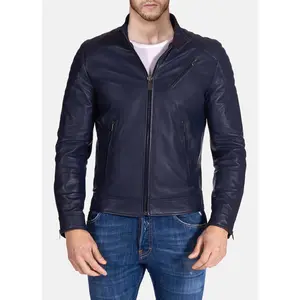 Mens Padded Shoulder Blue Biker Leather Jacket