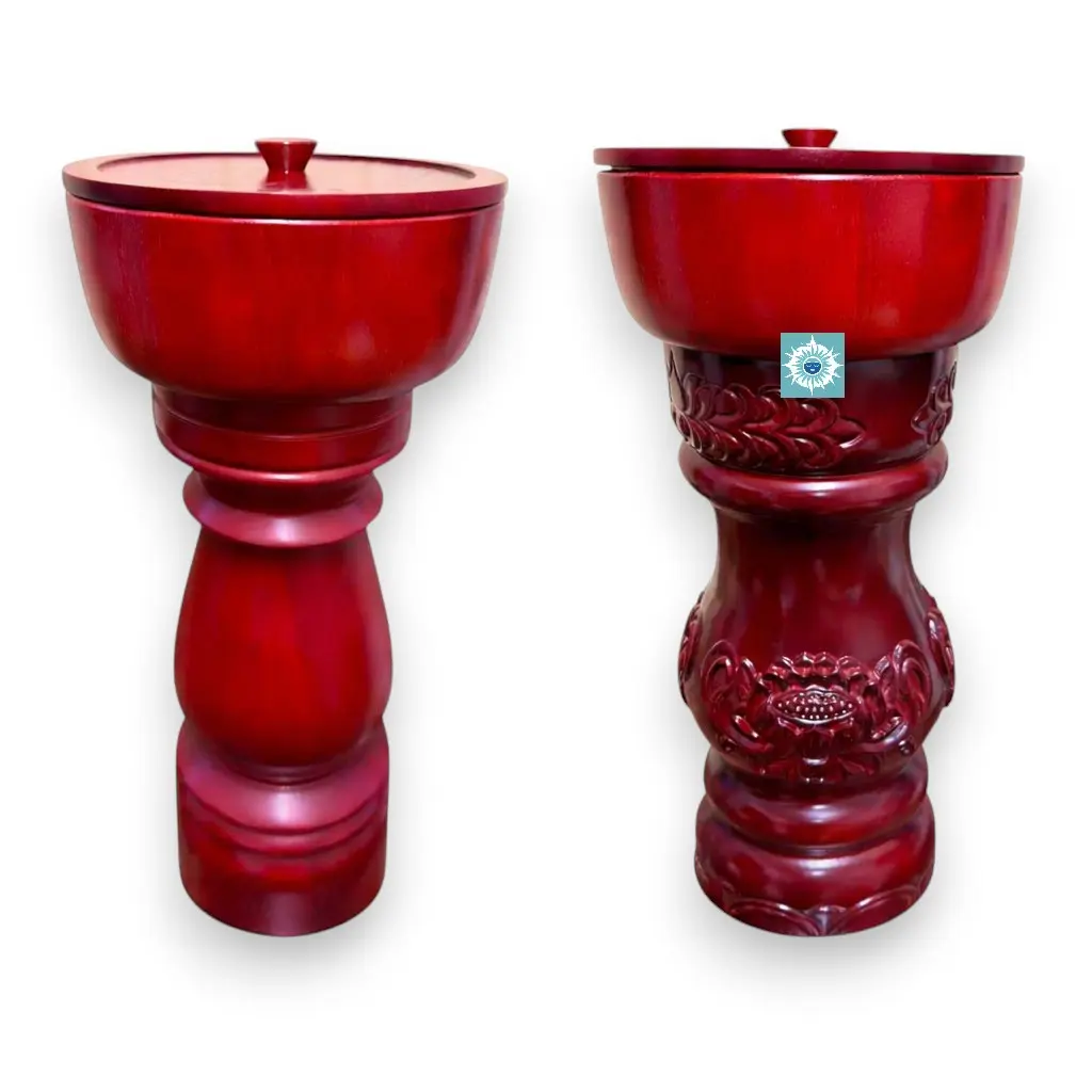 Shango Wooden Pilon with Batea Bowl and Lid - Religious Geometric Decor for Santeria Altar Stand - Red Mahogany-Finish Carved Wood - 19in or 22in