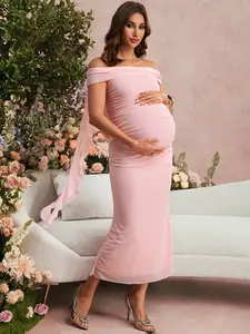 TAMALLA Maternity Solid Color Ruched Off-Shoulder Fitted Elegant Dress Valentine's Day Outfit Wedding Party Outfit Pregnancy Dress For Photoshoot Maternity Dress Pink Elegant Dresses For Women Pink Dress Bump Friendly Dress Baby Shower Guest Outfit