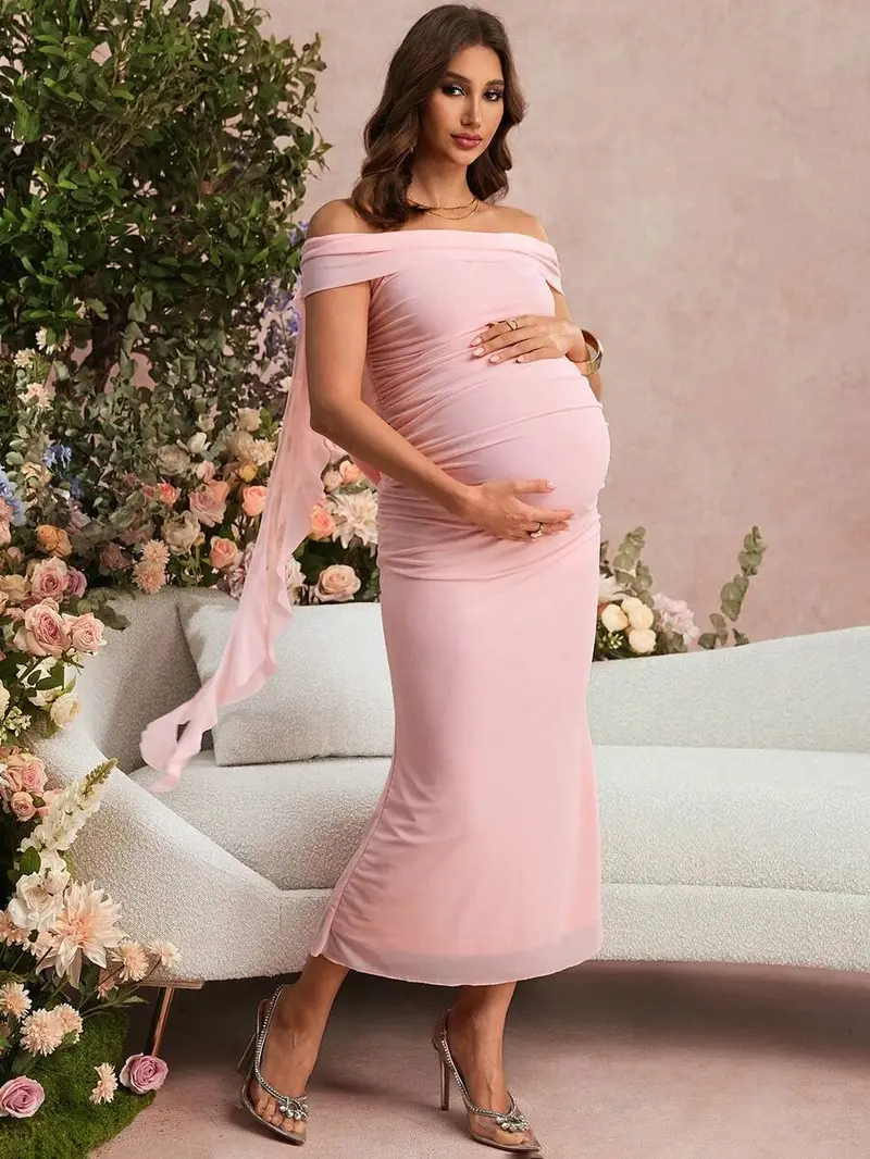 green emerald velvet dress Baby Pink Maternity Midi Dress With Short Sleeves