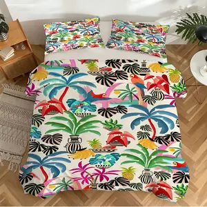 Tropical Vibes Duvet Cover Set, Colorful Bedding Set with Palm Trees and Toucans on Off-White Background, Perfect for Bohemian Bedroom Decor, Soft & Cozy Quilt Cover, Ideal Gift for Home Lovers (1* Quilt Cover + 1/2* Pillowcases, Pillow Not Included)