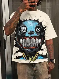 Men's Batwing Sleeve Round Neck T-Shirt, Knit, Dual-Sided Print, Blue Monster Graffiti Art Text, Casual Streetwear, Perfect Gift for Boyfriend, Fashion, Menswear