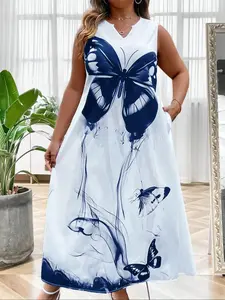 Plus Size Butterfly Print Notched Neck Dress, Elegant Sleeveless Maxi Dress for Party Holiday Wedding Guest, Women's Clothes for Summer, Womenswear