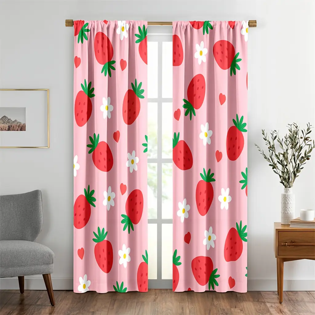 1Set/2pcs Cartoon Strawberry Curtains Kawaii Strawberry Floral Printed Curtains Kids Natural Flowers Blossom Theme Curtains Pink Window Treatments