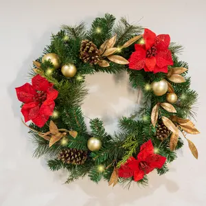 BARTON 24-in Christmas Wreath - Red & Gold with Ornaments, Prelit White LEDs, Festive Elegant Door Decoration for Home Festive Supplies