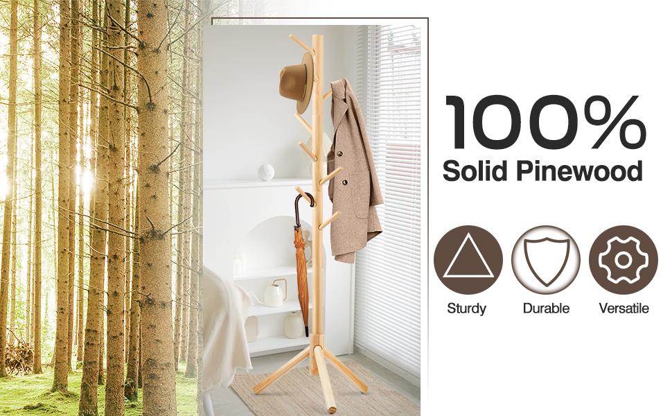 Wooden Coat Rack Stand with 8 Hooks New Zealand Pine 3 Adjustable Coat Standing Tree Easy Assembly for Coats, Hats, Scarves and Handbags for Entryway, Hallway, Bedroom, Office