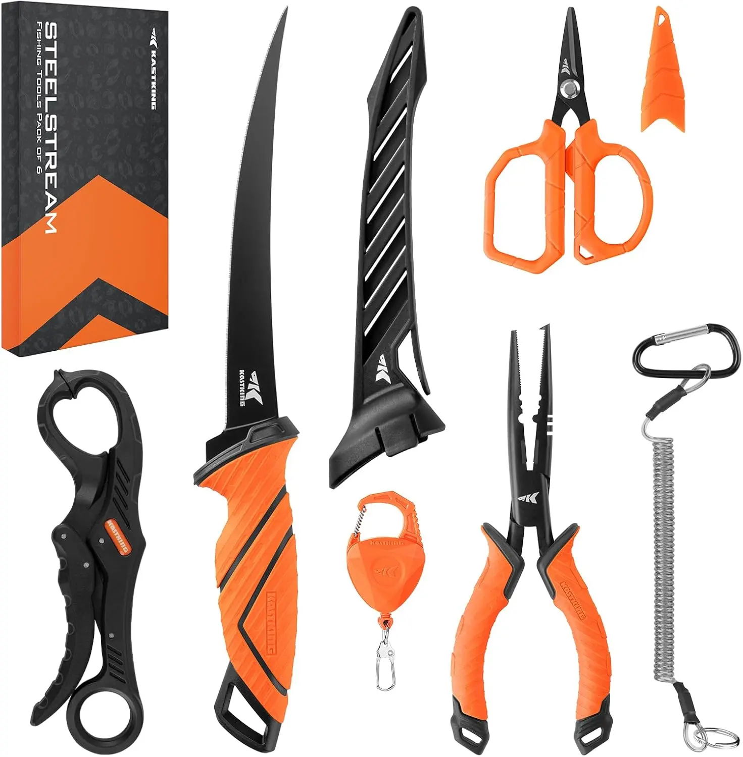 KastKing SteelStream 6-Piece Fishing Tool Kit with Pliers, 7” Fillet Knife, Braid Scissors, Floating Lip Gripper, Lanyard & Tool Retractor
