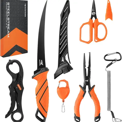 KastKing SteelStream 6pc Fishing Tool Kit, Fishing Gear Corrosion Resistant Pliers with Lanyard, Fillet Knife, Floating Fish Lip Gripper, Fishing Braid Scissors, Tool Retractor