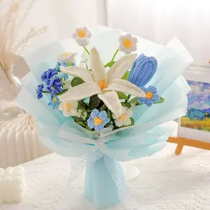 Handmade Wool Knitted Flower Bouquet, Realistic Fake Flowers, Artificial Bouquets, Valentine's Day Gift for Girlfriend, Birthday Present, Festival Decoration