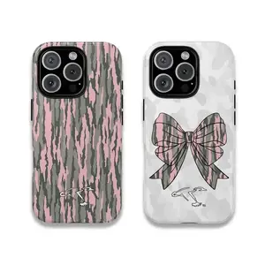 Bold Pink Camo iPhone 17 - 11 Cases Featuring Tree Bark Texture & Cute Camouflage Bow On White