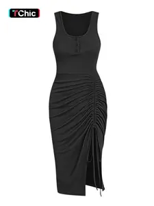 Women's Drawstring Ruched Ribbed Tank Dress with Slit, Casual Button Decor Scoop Neck Sleeveless Bodycon Dress, Summer Cloth Women's Sexy Midi Dress, Slim-Fitting Design, Plain Pattern, Perfect for Evening Wear, Adjustable