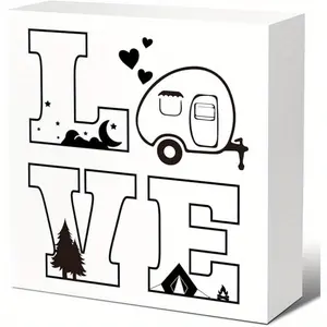 Camp Love Wood Plaque Sign, Camping Wood Box Sign, Camping Lover Gifts, Funny Camping Signs Decor for Campers Home Tent RV Camper Tabletop Desk Decor Home Decor Products 5x5 inch