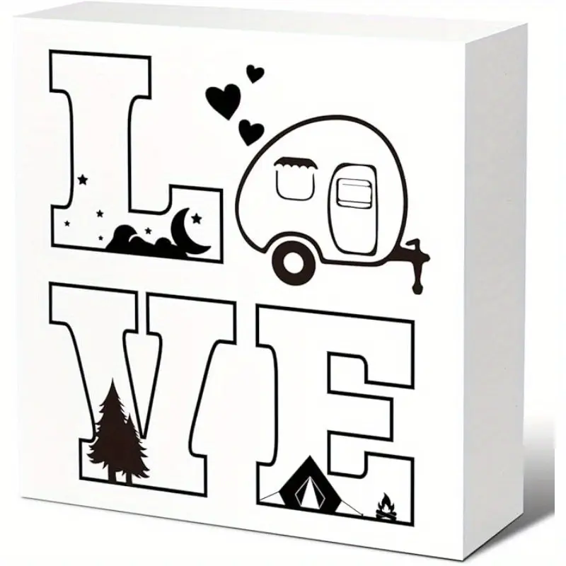Camp Love Wood Plaque Sign, Camping Wood Box Sign, Camping Lover Gifts, Funny Camping Signs Decor for Campers Home Tent RV Camper Tabletop Desk Decor Home Decor Products 5x5 inch