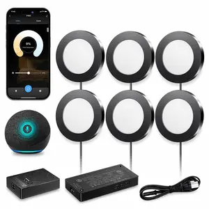 VST Smart Under Cabinet Lighting with Handwave and Alexa Google Assistant App Remote Control, Recessed or Surface Mount 12V 2W/pc Puck Light for Kitchen Display, 6 Pcs 3000K~6500K Black