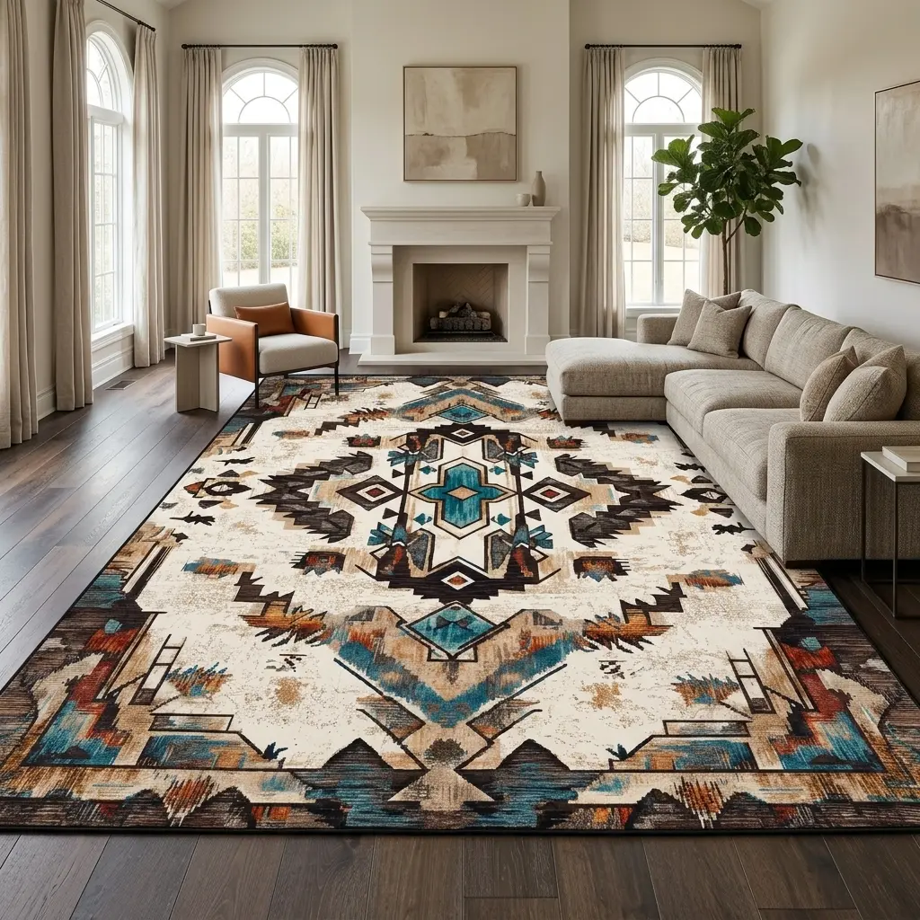 RUGIXE Southwestern Turquoise and Rust Area Rug, Washable Velvet Diamond Geometric Carpet, Heavyweight Non-Slip Boho Floor Rug for Living Room, Bedroom or Home Office