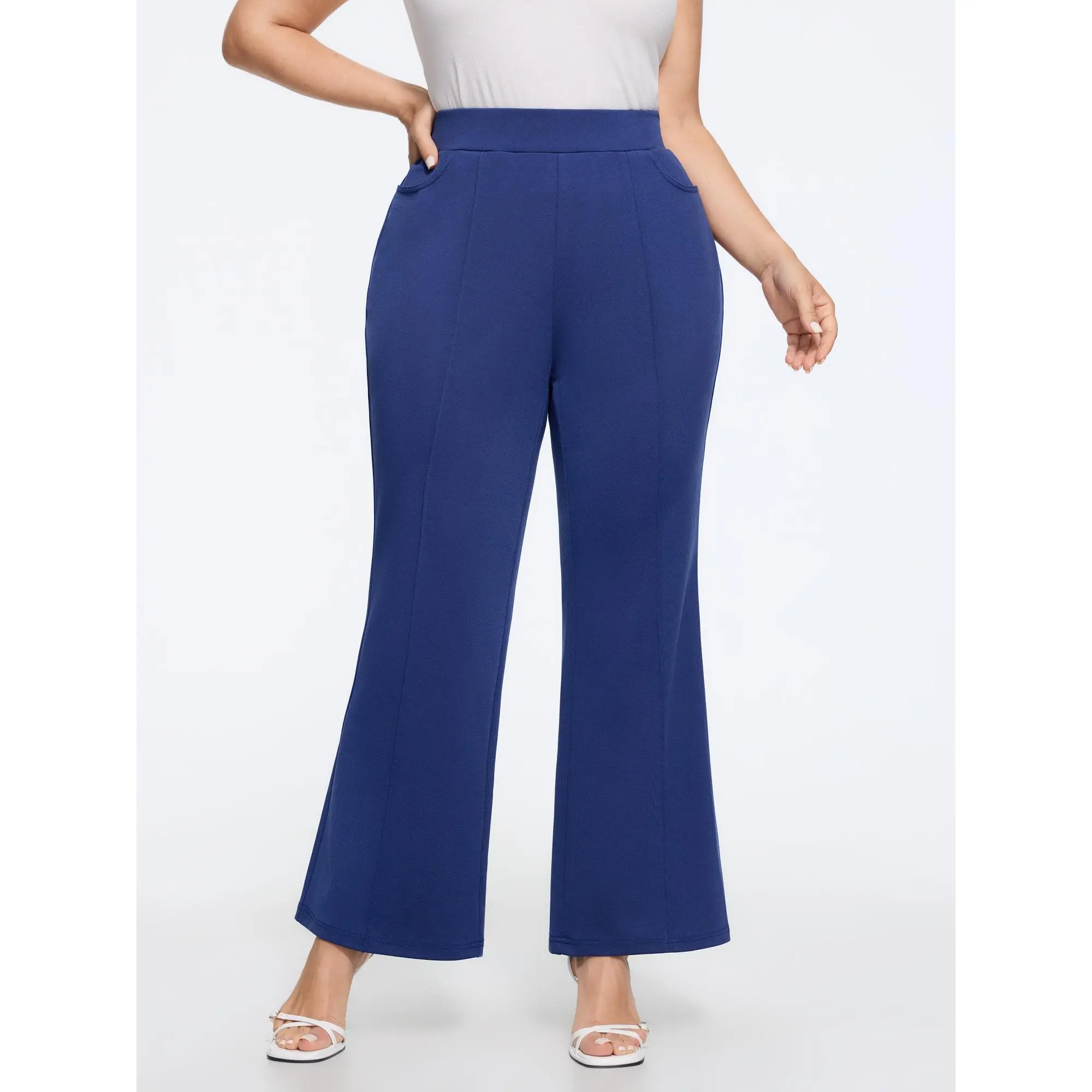 BLOOMCHIC Women's Plus Size Spandex Garment Bottoms, Stretchy Solid Elastic Waist Fitted Basic Flare Pants [M-6X], Back To School Fall Pick