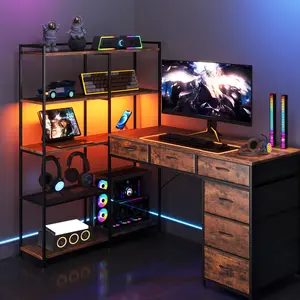 Modern L-Shaped Computer Desk with 6 Fabric Drawers, 5-Tier Open Storage Shelves, LED Lights & Power Outlets,  Corner Workstation for Home Office, Study, or Gaming