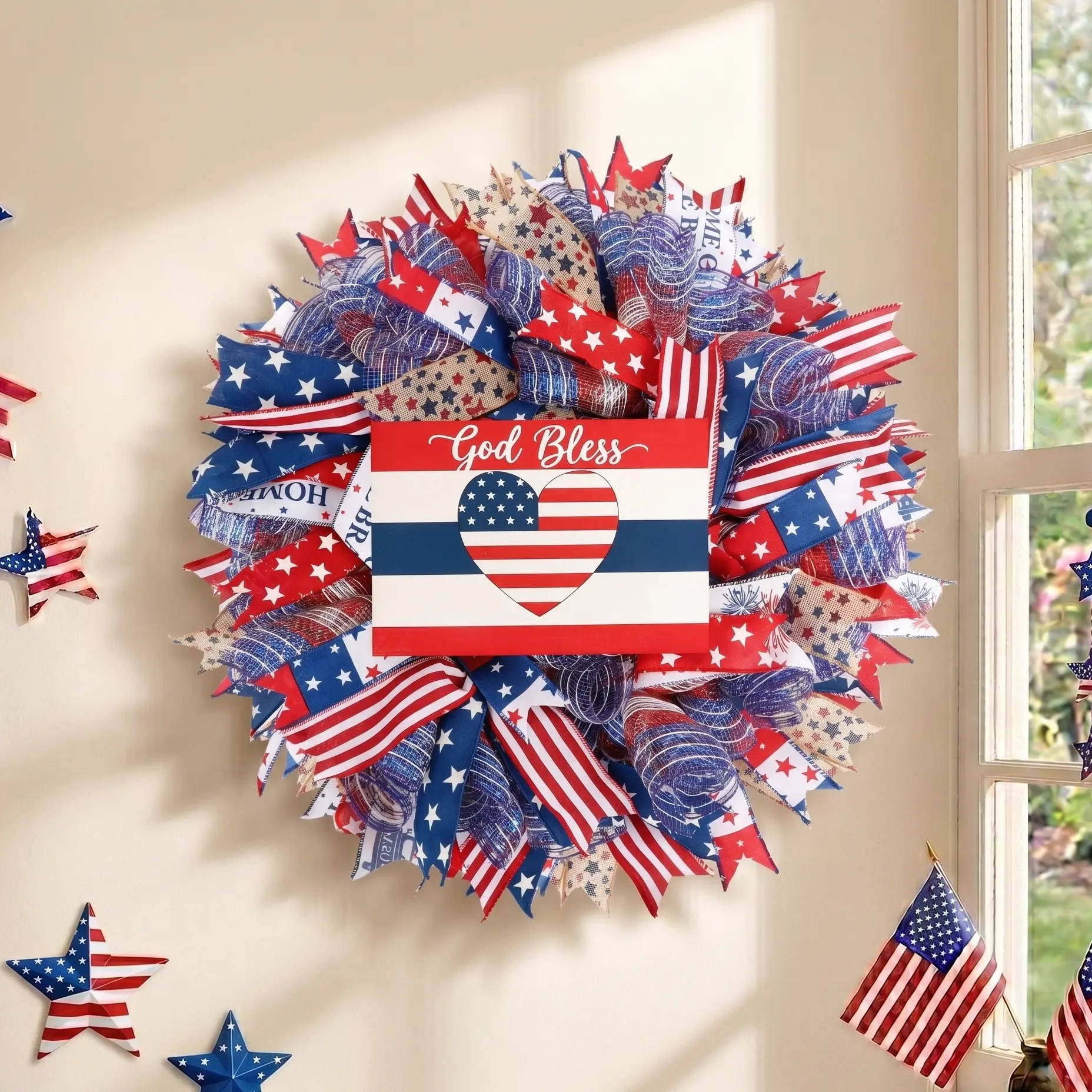 4th of July Patriotic Wreath: Front Door 24 Inch Red White and Blue Wreaths 250 Anniversary USA Outdoor Decorations - Fourth of July America Summer Wreath with Hanger for Home Party Gift
