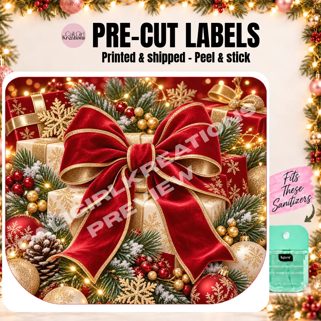 Red Bow Christmas Gift Sanitizer Labels for B.Pure, Gold Stickers