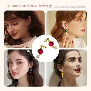 【Summer Gift】-Silk pendant earrings gold - Hypoallergenic multi-color silk jewelry natural plant dyeing