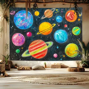 A single tapestry displays bright planets and shining in space, making it art, living room decoration, and party decoration