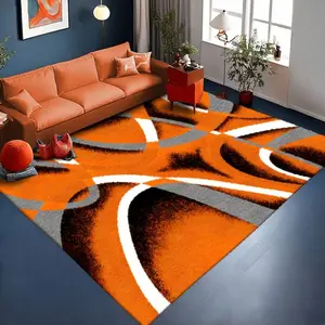 Large Modern Abstract Orange Black White Beige Velvet Rug - With Soft Carpet, Machine Washable, Suitable For Living Room, Bedroom, Cafe, Office - Modern Minimalist Style, 2D Printed Design, Bright Orange And Black Swirl Pattern, Velvet Texture