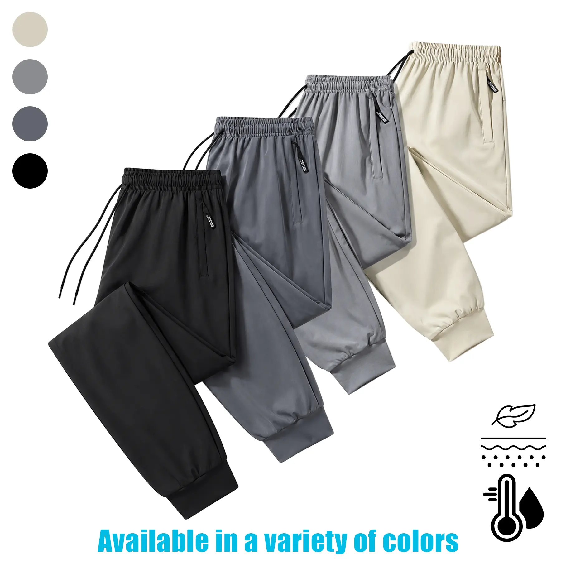 Men's Cuffed Athleisure Jogger Pants - 4-Way Stretch Nylon Spandex, Moisture-Resistant, Breathable Quick-Drying, Adjustable Elastic Waist Drawstring, Zip Pocket, Minimalist Versatile Athletics Bottoms for Gym Training, Summer Daily Wear