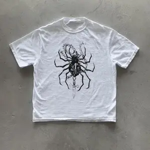 Oversized Spider Chain Dagger Graphic Tee, Gothic Dark Aesthetic T-Shirt, Vintage Distressed White Cotton Crewneck, Y2K Streetwear, Casual Daily Wear, Edgy Alternative Outfit, Gift for Gothic Style Lovers, Punk Rock Animal Print Top