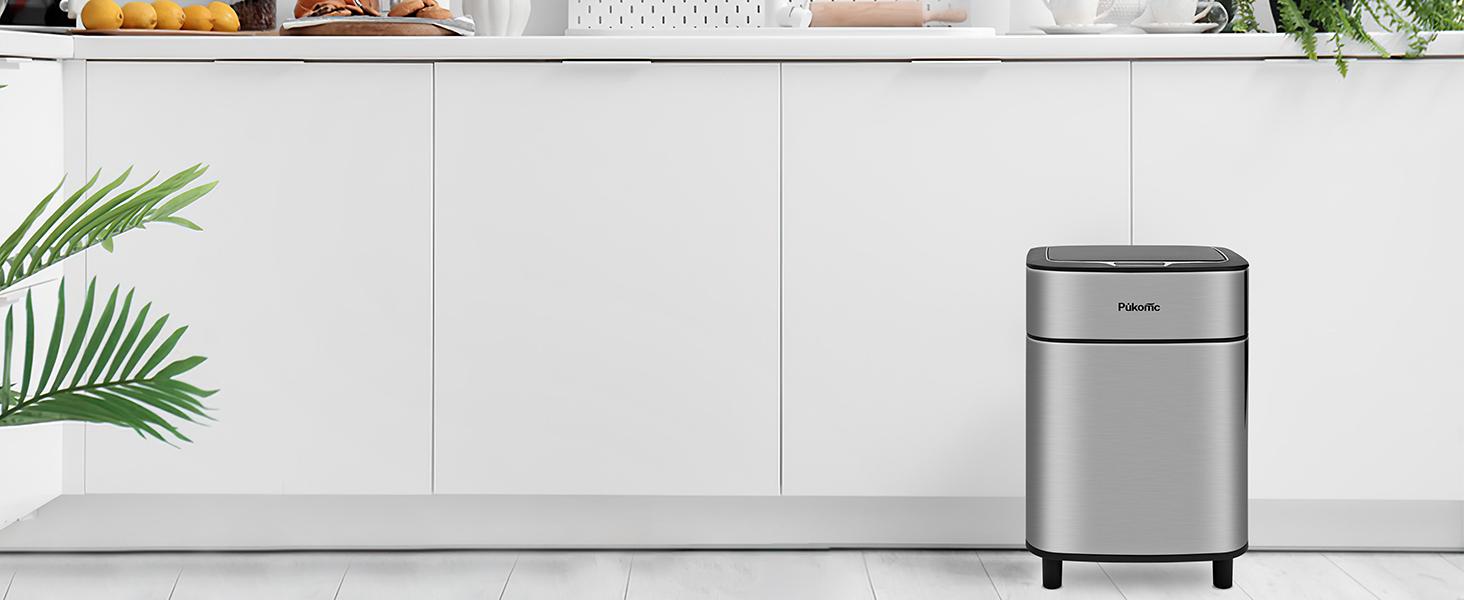 Pukomc Smart Sensing Touchless Trash Can 2.7Gal Motion Activated Auto Open Close Odor Sealed Bin with Digital Display Soft Close Lid Stainless Steel