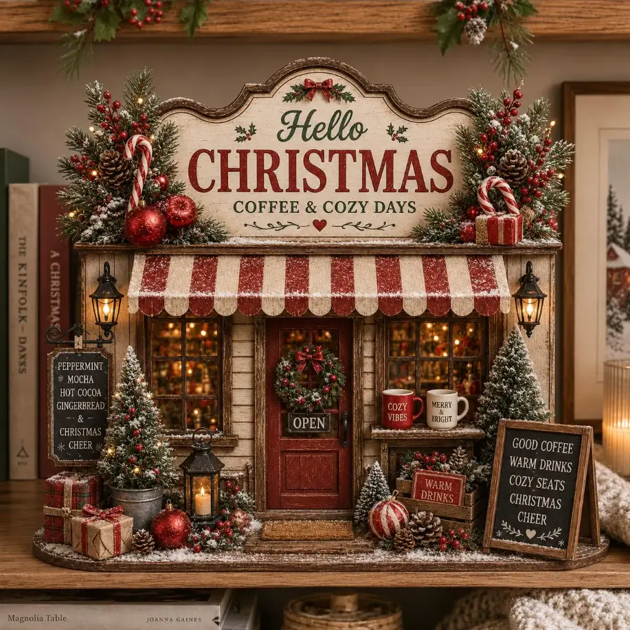 Christmas Coffee Shop Decor, Cozy Christmas Village Sign, Holiday Coffee Bar Decor, Rustic Xmas Storefront, Christmas Shelf Decor Gift