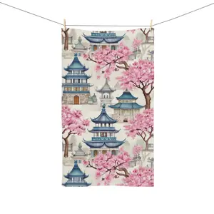 Chinoiserie Asian Pagoda House Cherry Blossom Hand Towel