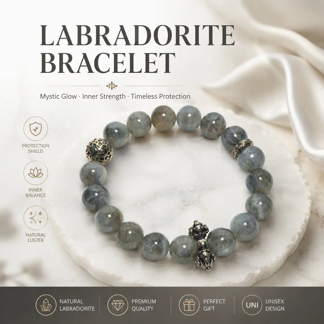 Natural Labradorite Bracelet for Adults, 12mm Round Grey Moonstone Beads with Vintage Vajra Charm for Daily Wear, Jewelry that Balances Aura, Natural Gemstone Bracelet, Crystal, 16Cm – 18Cm, Everyday Wear, Calms Anxiety, Lucky Bracelet, Eliminates Bad Luc