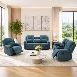 Light Blue Plush Recliner Couch Set for Living Room, Soft 3-Piece Sofa Set with Loveseat & Chair