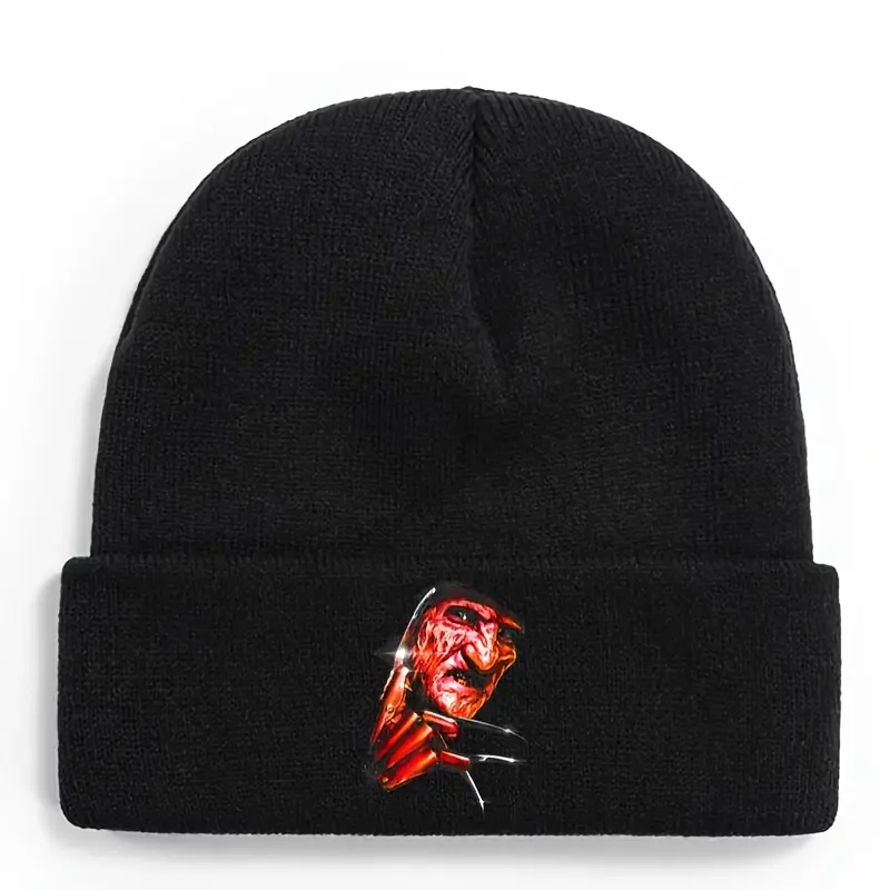 Unisex Nightmare Street Freddy Krueger Iconic Face Knitted Beanie - 100% Acrylic, Heat Insulating, Breathable, Cuffed Winter Hat, Red & Black Handprint Pattern, Cold Wash, Hand Wash Only, Casual Sports & Outdoor Accessory, Everyday, Flexible, One Size