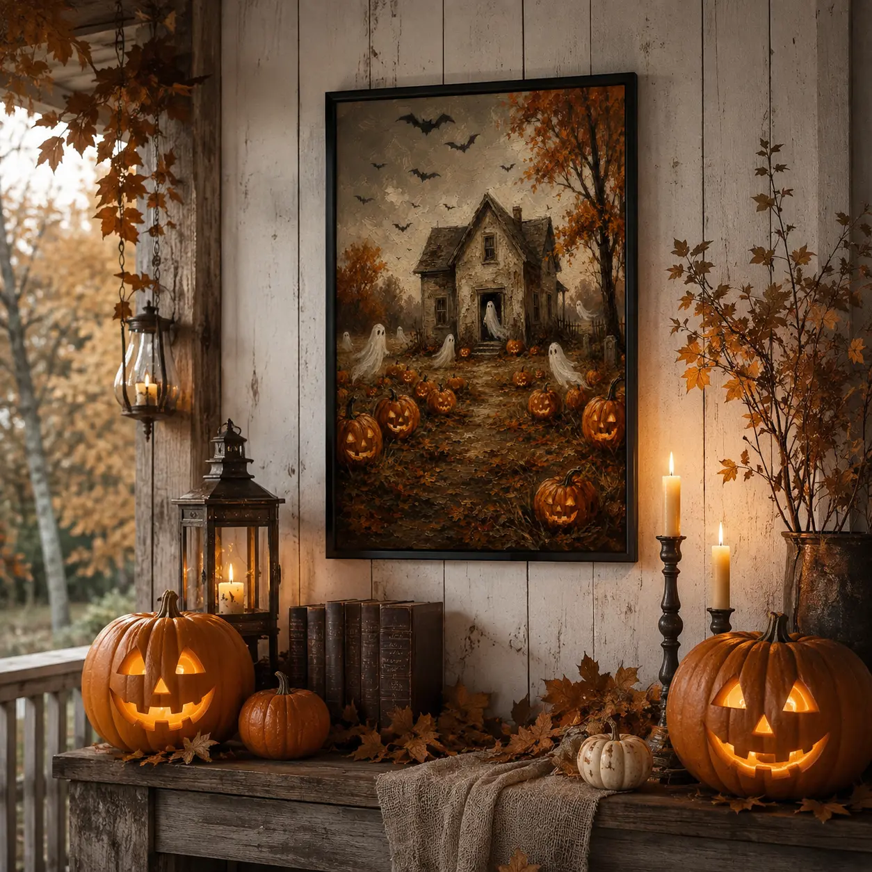 Vintage Haunted House Ghost Pumpkin Canvas Wall Art, Spooky Autumn Halloween Farmhouse Painting, Retro Fall Home Decor Poster
